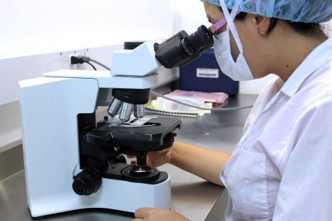 kobieta oglądająca materiał pod mikroskopem